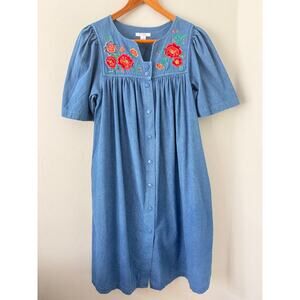 Vintage Go Softly Patio Dress, Embroidered Flowers, 100% Cotton, Pockets, size S